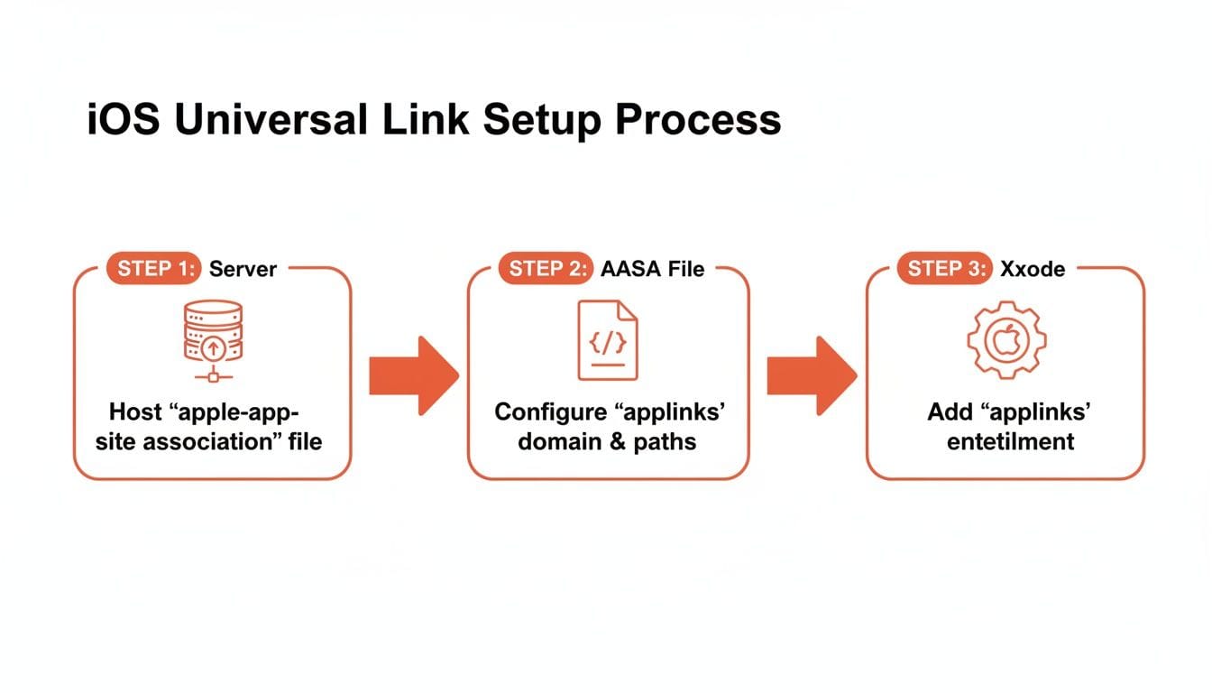 A diagram outlining the three-step setup process for iOS Universal Links, including Server, AASA File, and Xcode.