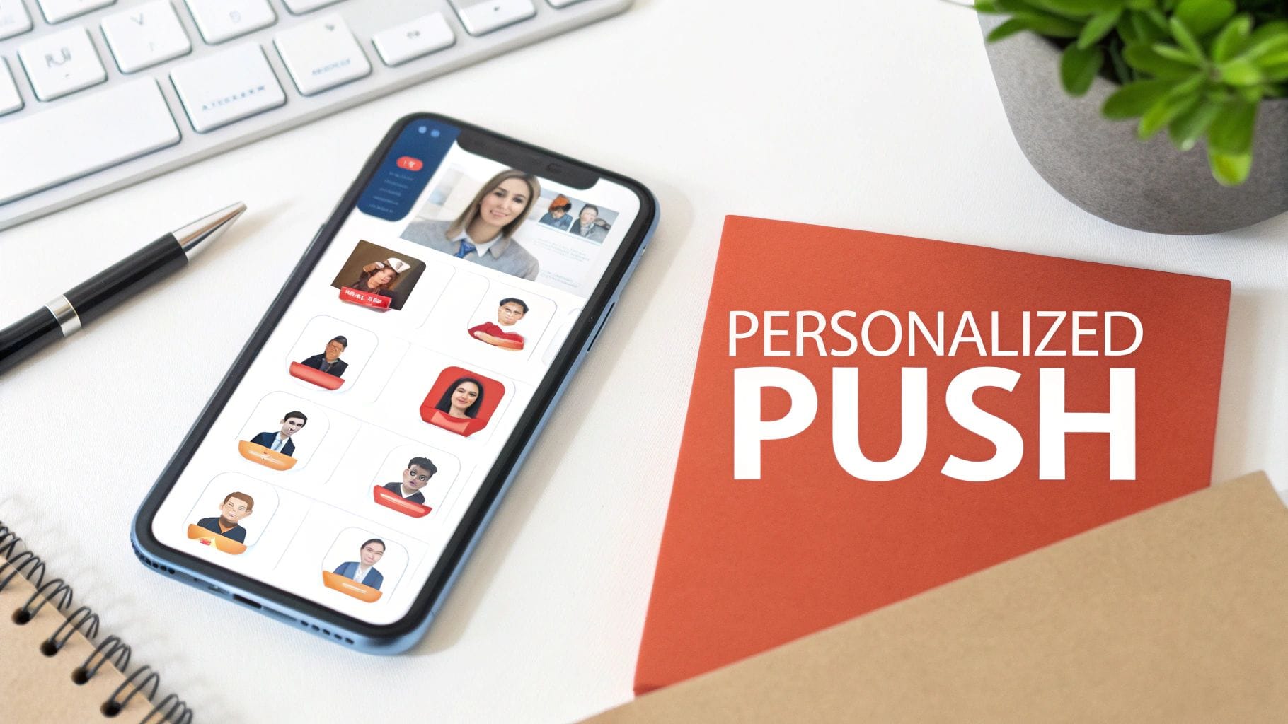 A smartphone displaying video calls and a 'PERSONALIZED PUSH' book on a clean white desk.