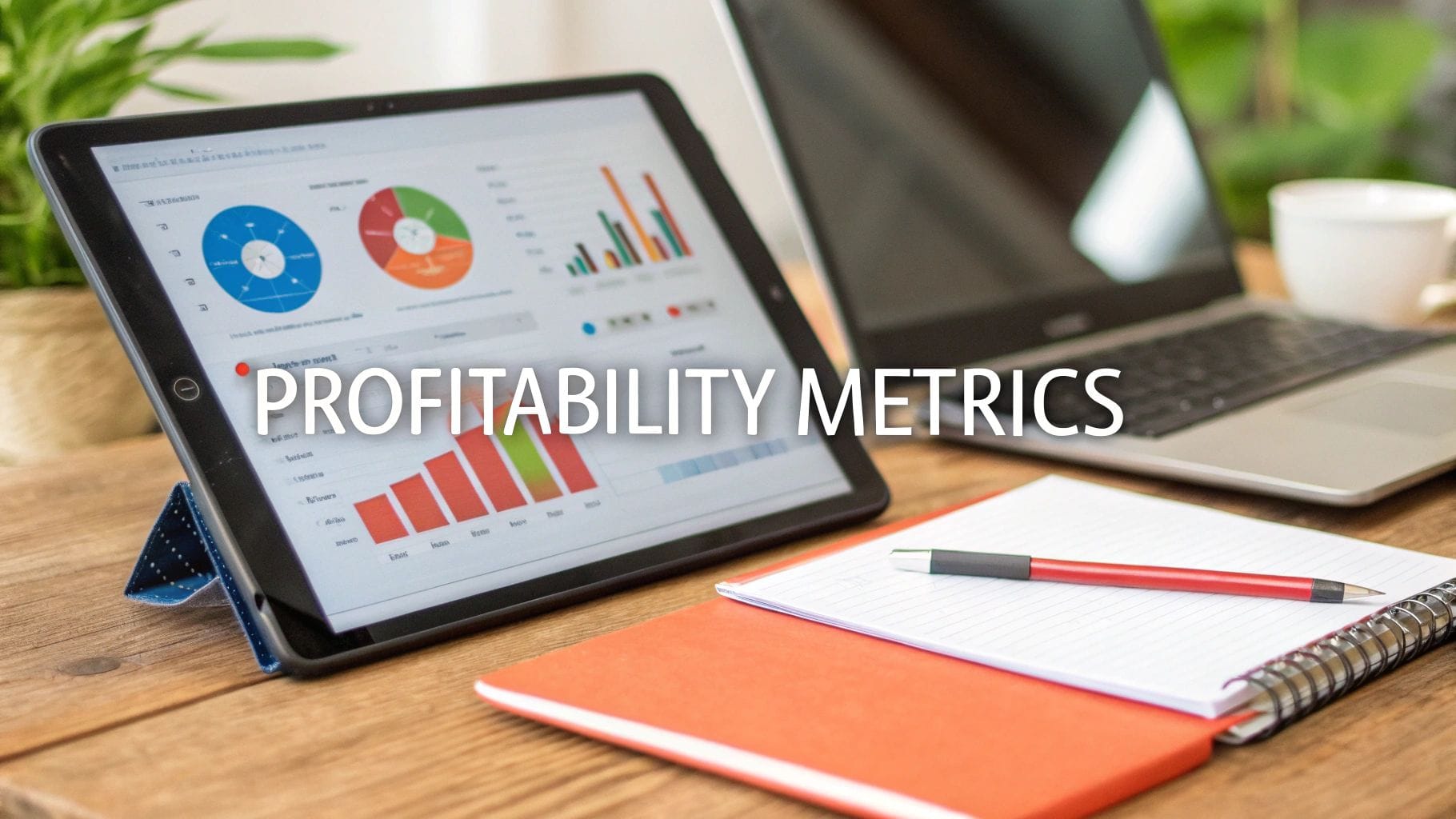 A tablet displays 'PROFITABILITY METRICS' with charts, next to a laptop and notebook on a wooden desk.