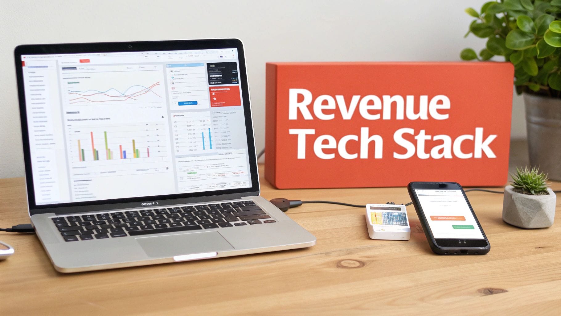 A laptop showing a dashboard with graphs, a smartphone, and a 'Revenue Tech Stack' sign on a wooden desk.