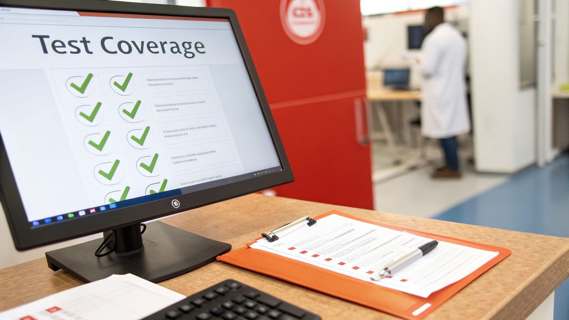 A monitor displays 'Test Coverage' with green checkmarks, alongside a clipboard and pen.