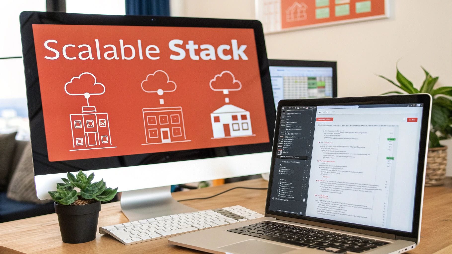 A tech setup with a large monitor displaying 'Scalable Stack' architecture and a laptop with code.