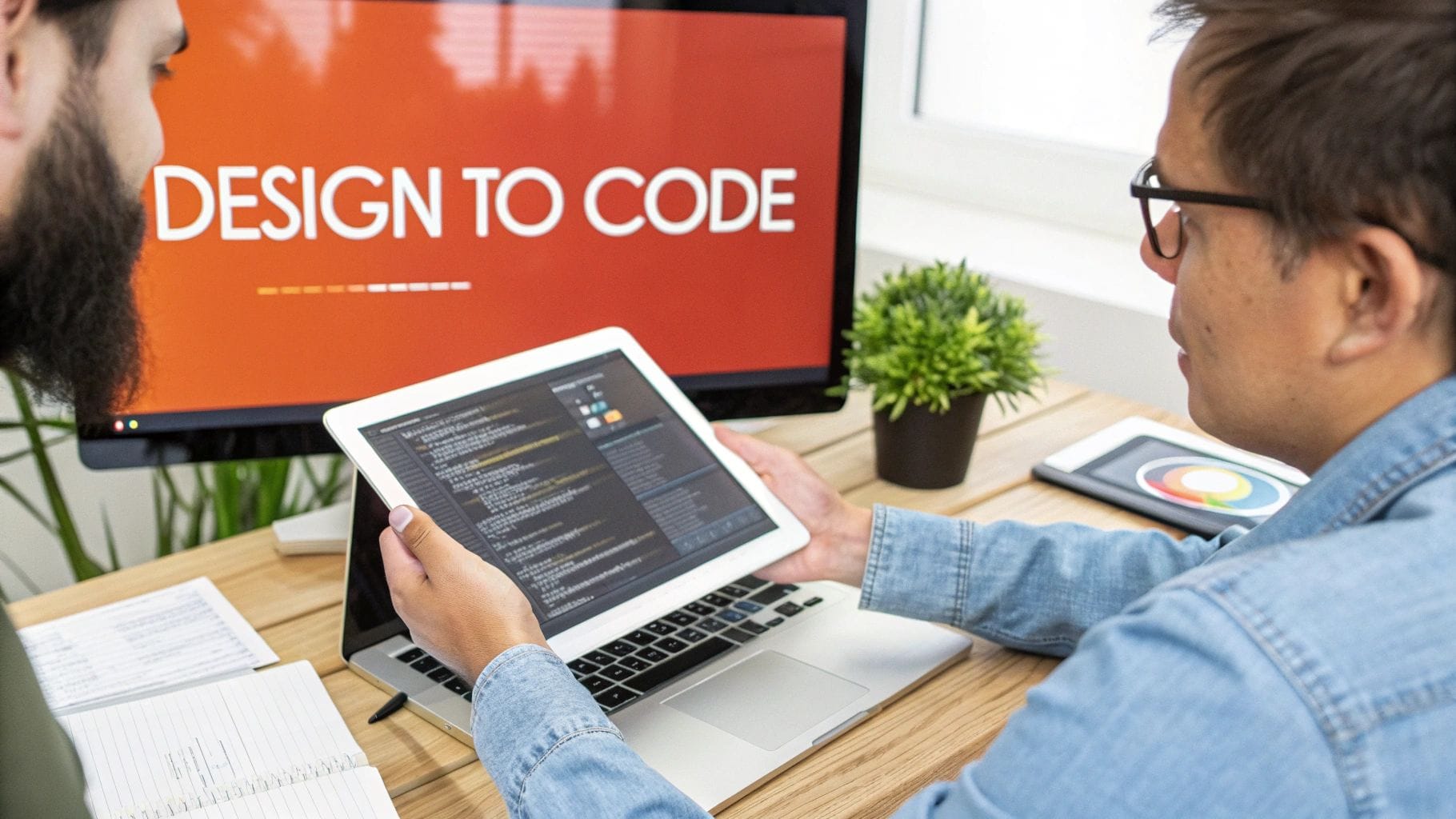 Two developers collaborate on design and code, reviewing a tablet with a laptop and monitor.