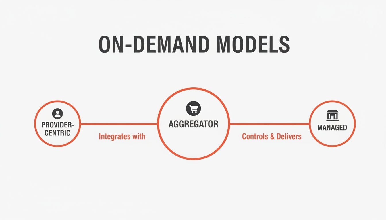 Diagram illustrating On-Demand Models: Provider-Centric integrates with Aggregator, which Controls & Delivers Managed services.