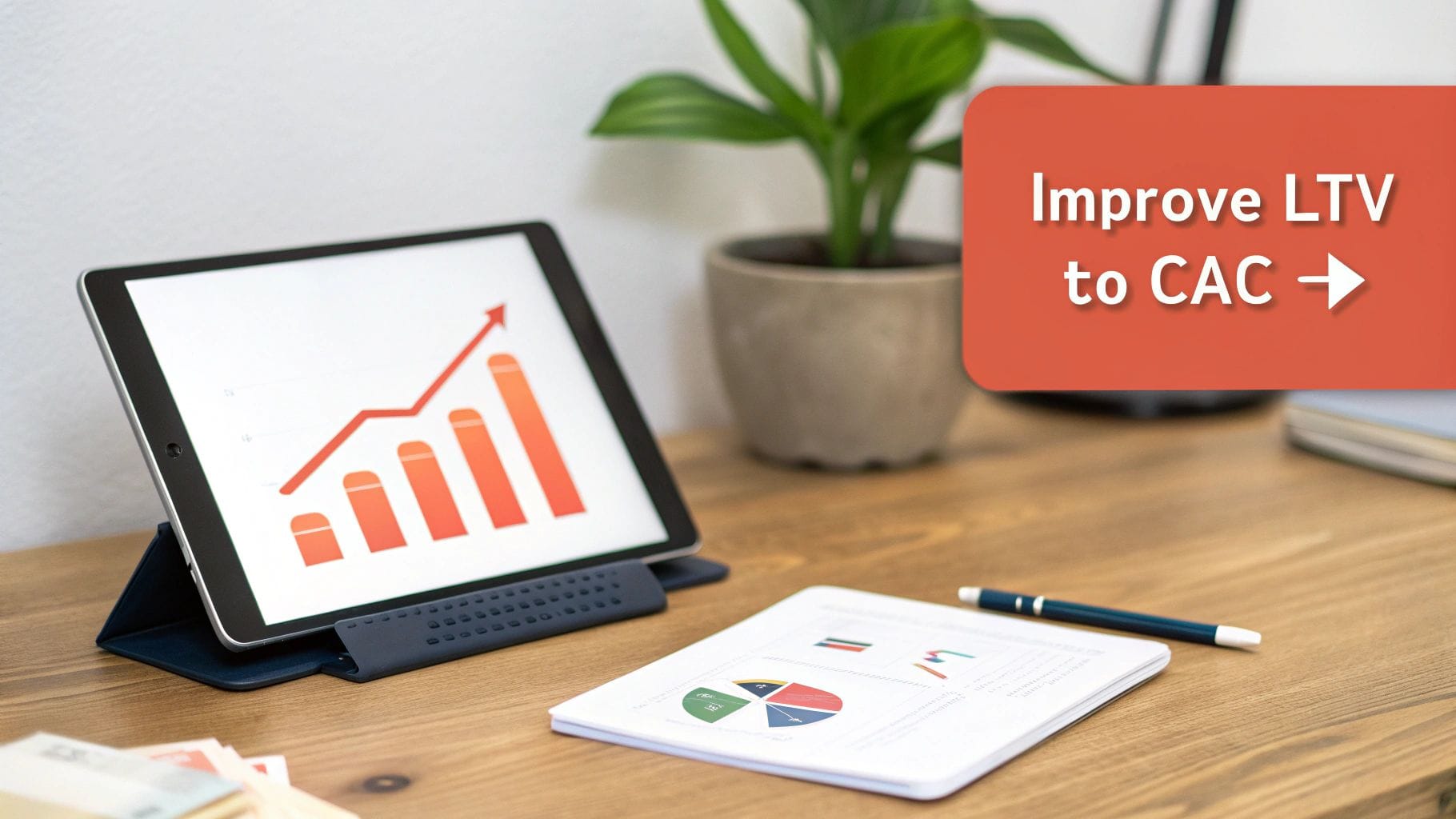 A tablet displays a growth chart with an upward trend, next to a document with a pie chart, and a banner reading 'Improve LTV to CAC'.