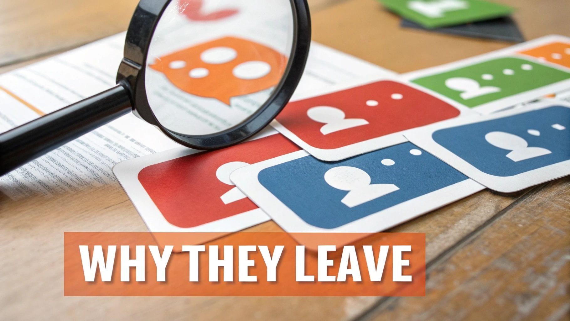 A magnifying glass over documents and colorful cards with person icons, featuring the text 'WHY THEY LEAVE'.