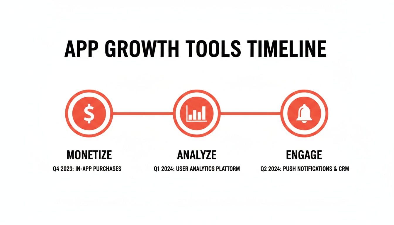 App growth tools timeline illustrating monetization, analysis, and engagement phases with features and quarters.