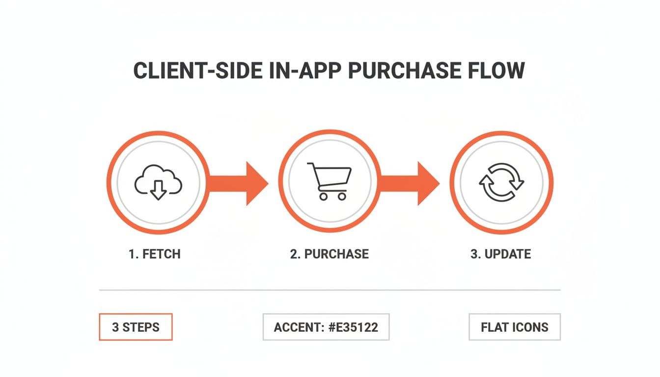 Diagram illustrating a client-side in-app purchase flow with three steps: Fetch, Purchase, and Update.