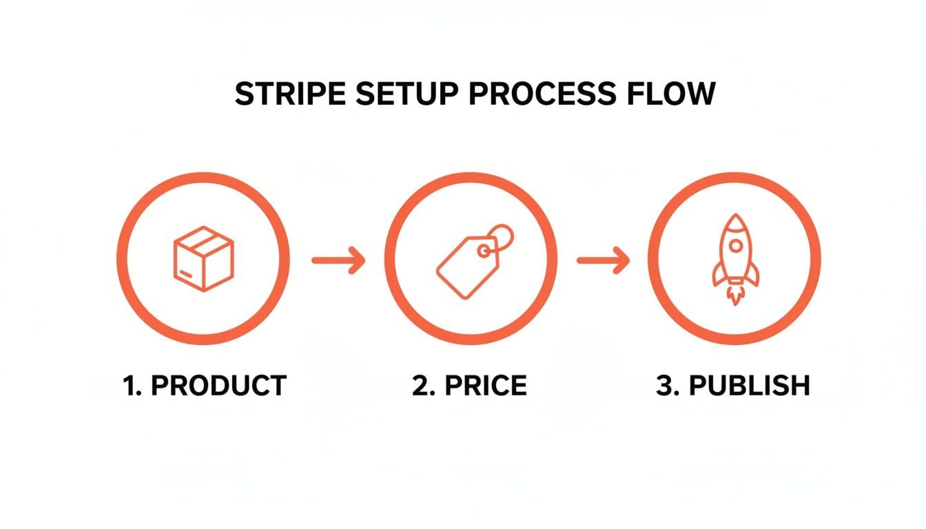 A clear diagram outlining the three-step Stripe setup process: Product, Price, and Publish.