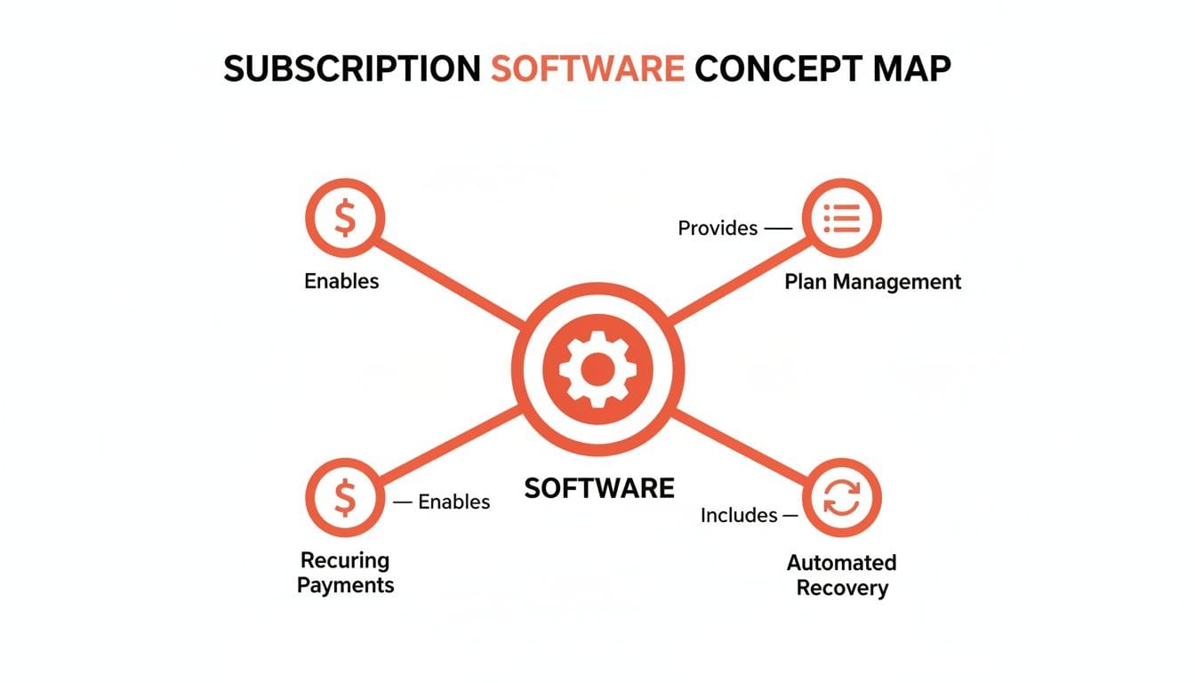 A concept map showing subscription software's features: recurring payments, plan management, and automated recovery.