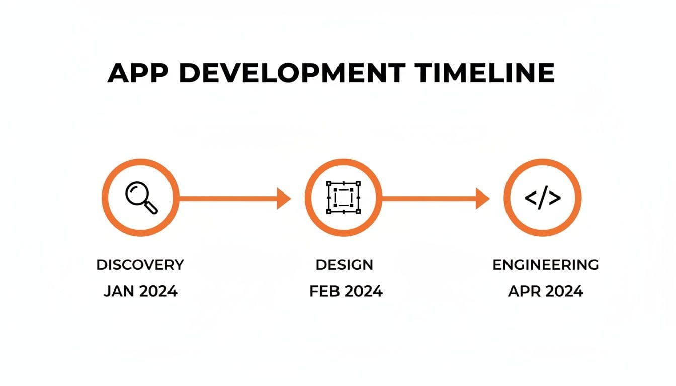 An app development timeline diagram showing discovery (Jan 2024), design (Feb 2024), and engineering (Apr 2024) phases.