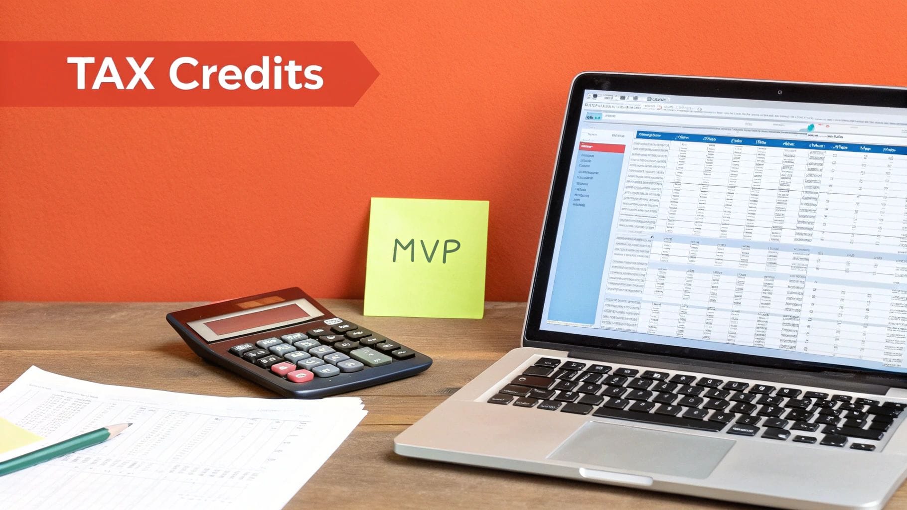 A financial workspace with a laptop, calculator, documents, and a 'TAX Credits' banner.