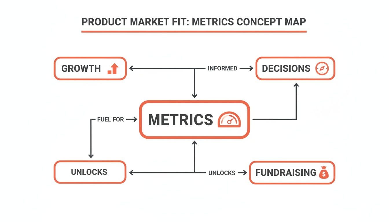A concept map illustrating how product market fit metrics drive growth, decisions, fundraising, and unlock value.