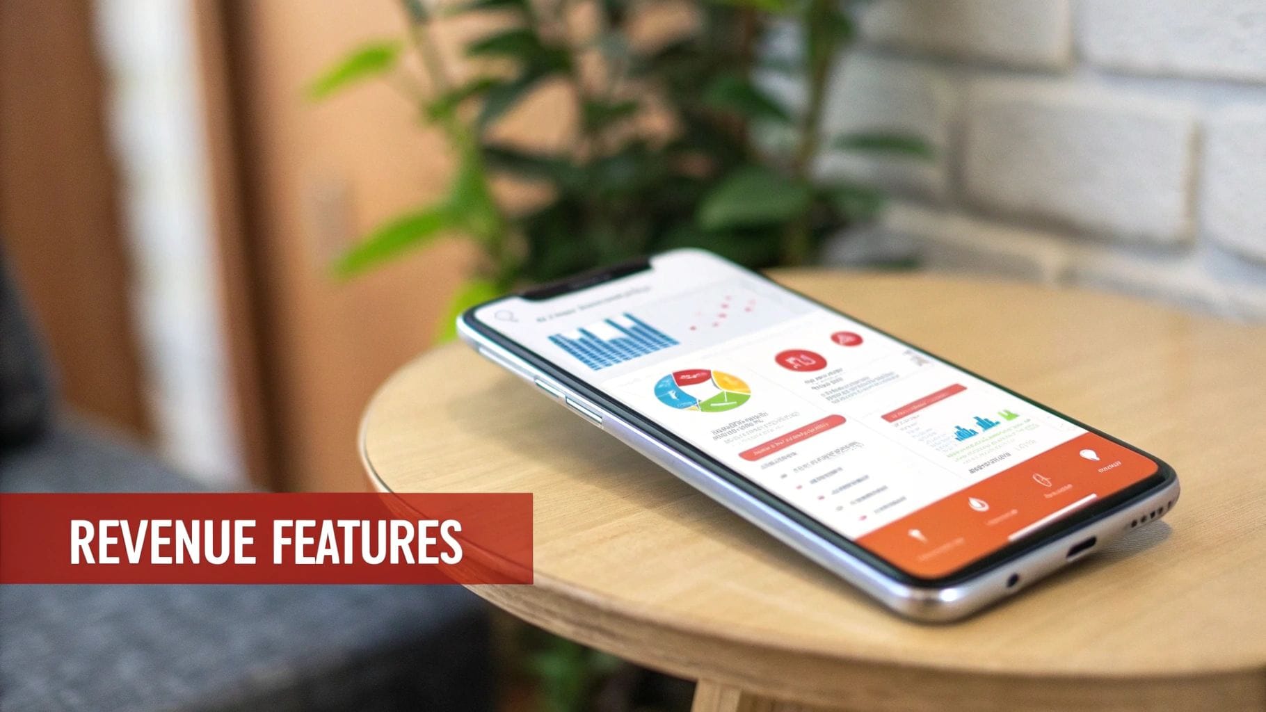 A smartphone on a wooden table displays a data dashboard with charts and graphs, highlighting revenue features.