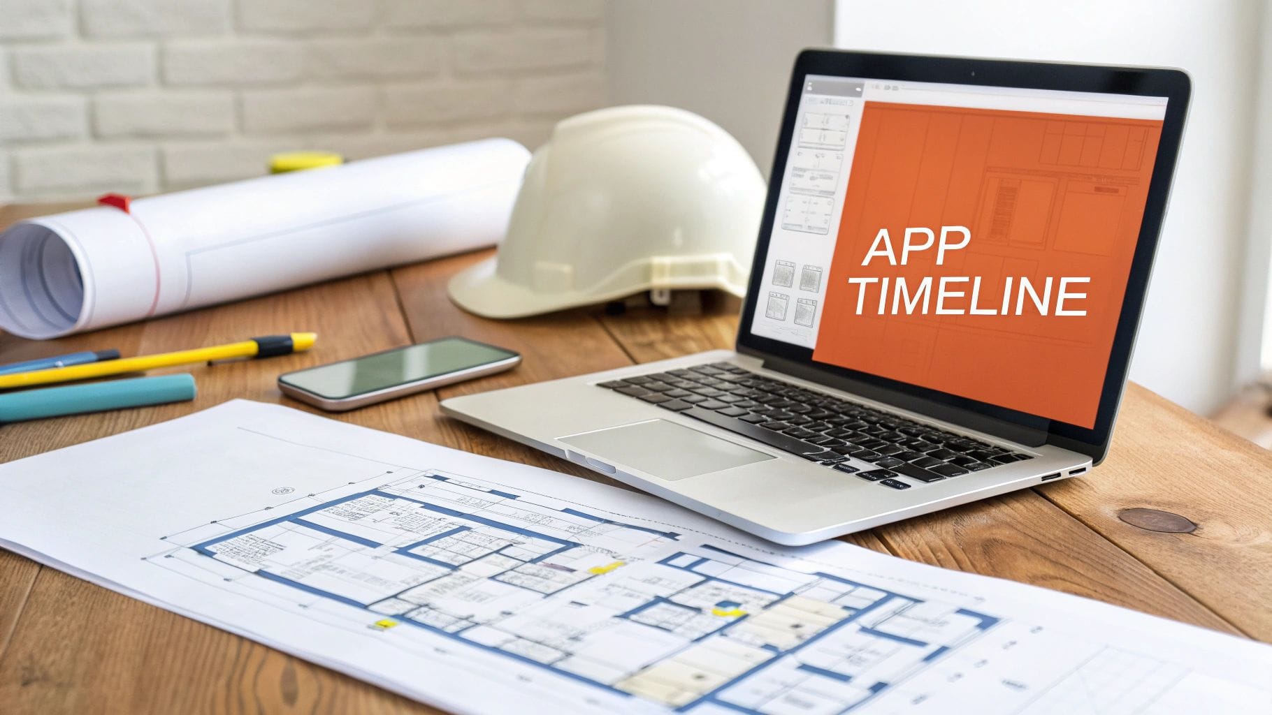 A desk with a laptop displaying 'APP TIMELINE', blueprints, a hard hat, and a smartphone, symbolizing mobile app development planning.