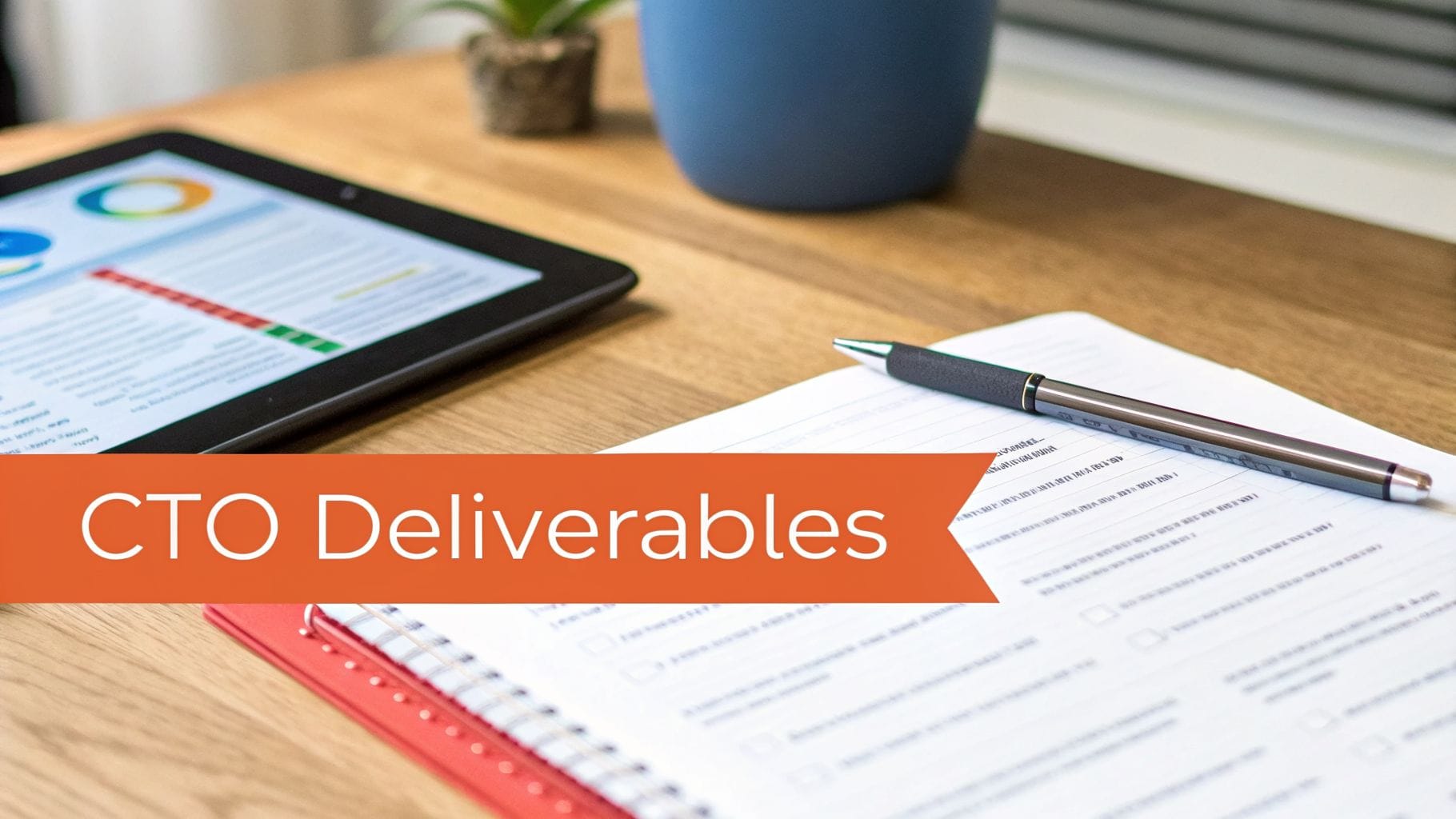 A desk setup with a tablet displaying charts, a pen, and a notebook, featuring 'CTO Deliverables' on an orange banner.