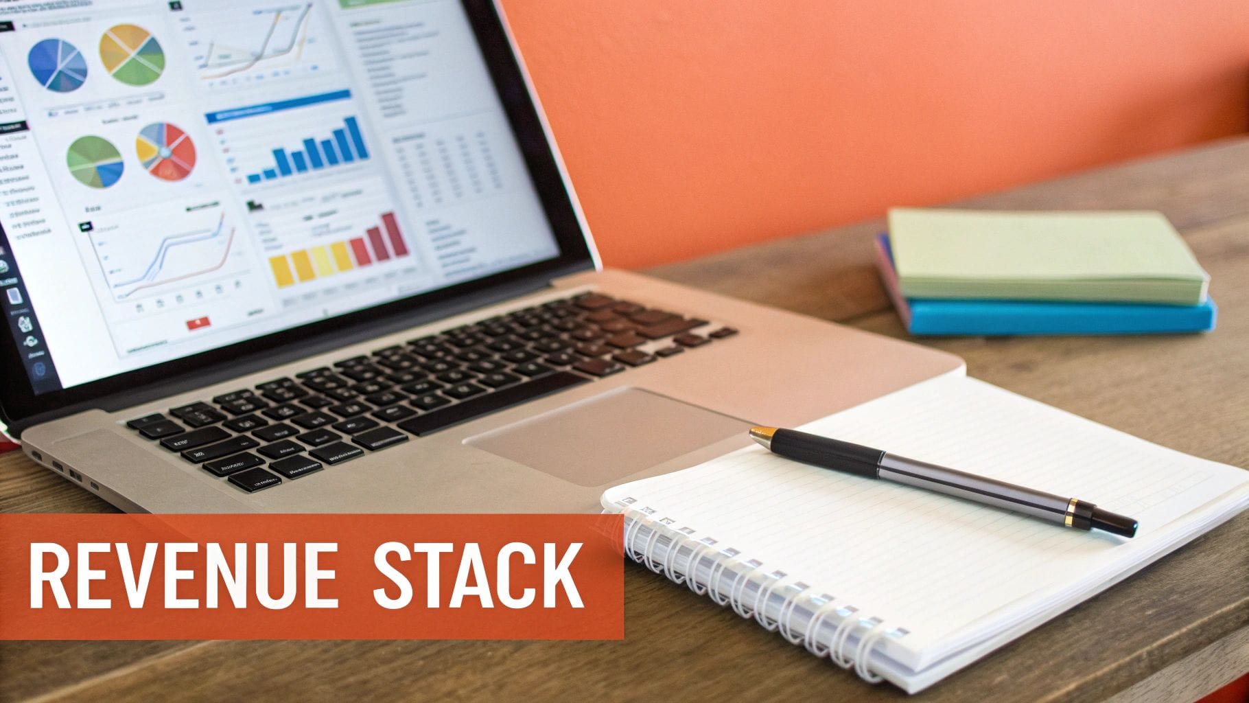 A laptop displays financial charts and graphs, with a notebook and pen on a wooden desk, labeled 'REVENUE STACK'.