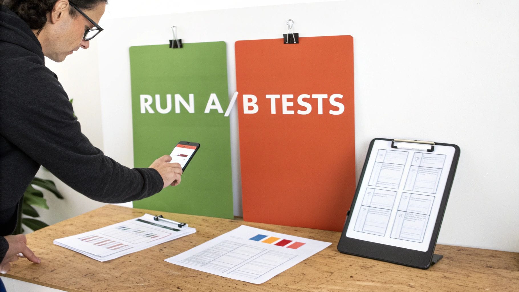 A man analyzing A/B test results on a smartphone with 'RUN A/B TESTS' posters and documents on a desk.