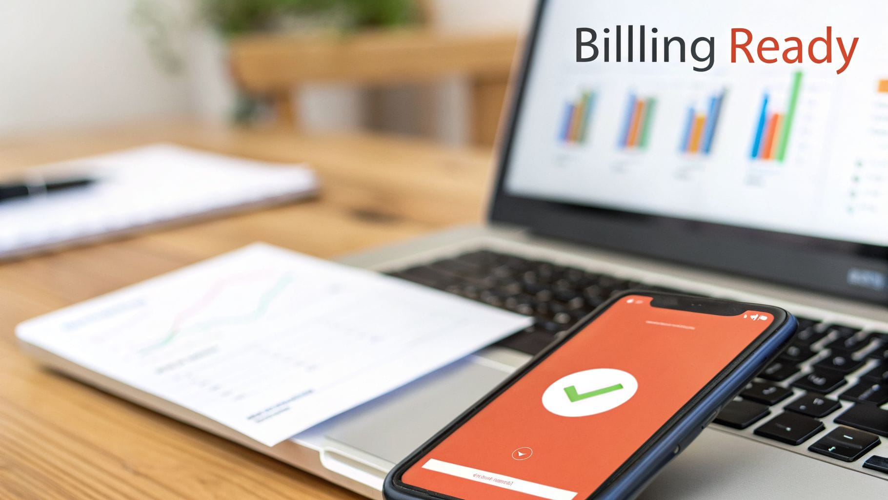 A laptop screen displays 'Billing Ready' with charts, alongside a smartphone showing a green checkmark.