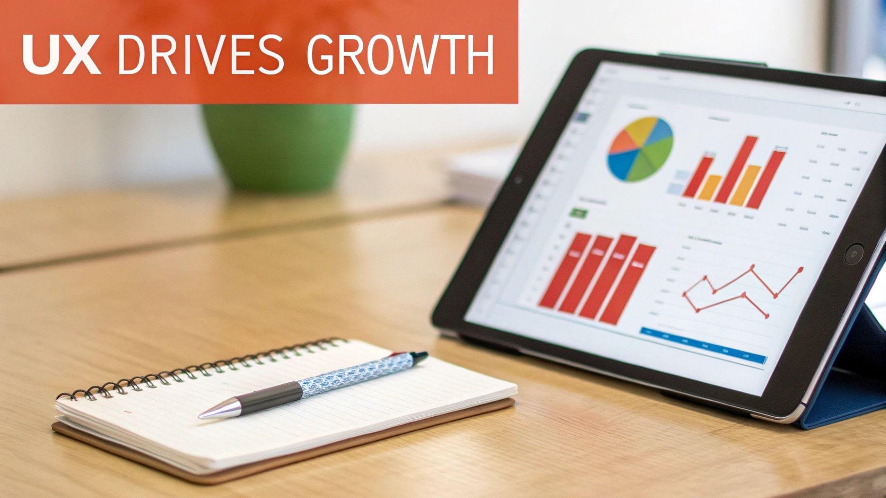 A tablet displays colorful data charts and graphs on a wooden desk next to a notebook and pen, with text 'UX DRIVES GROWTH'.