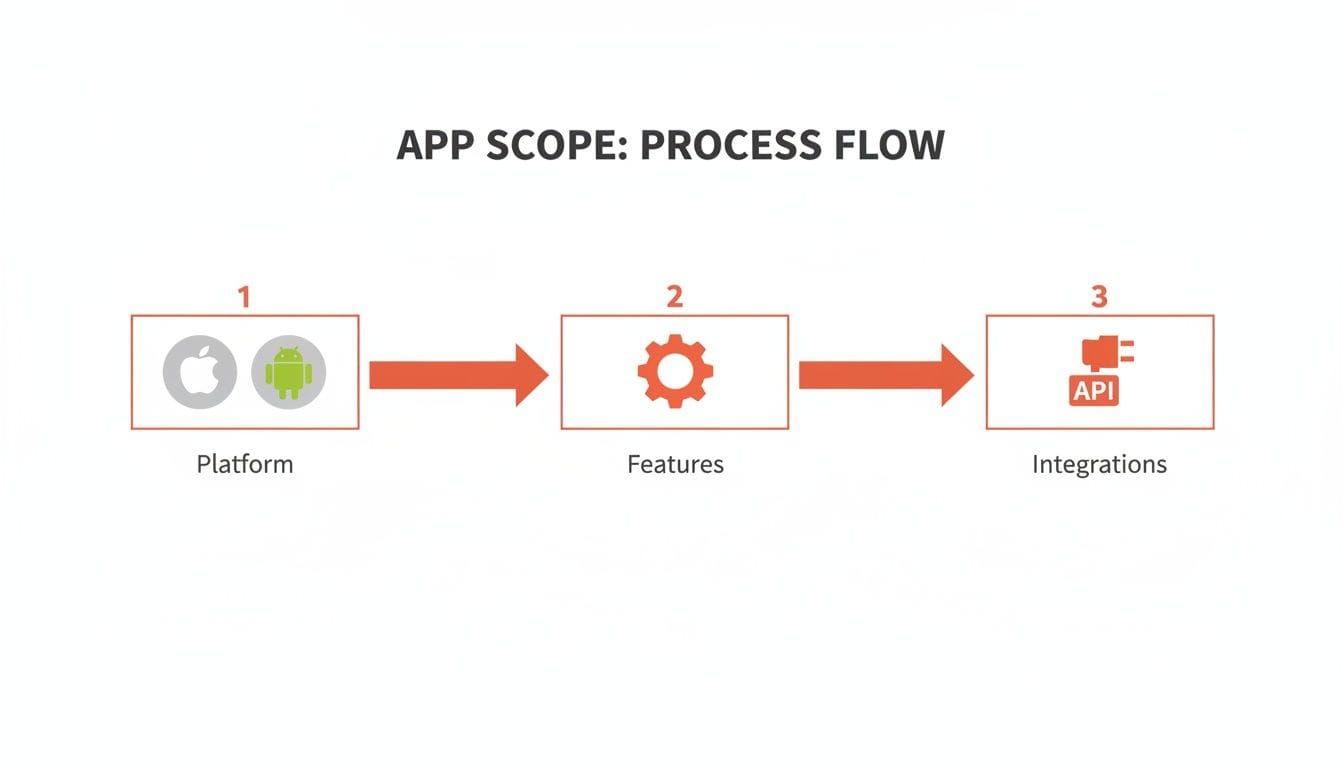 A flowchart showing the app scope process flow: platform (iOS, Android), features, and integrations (API).