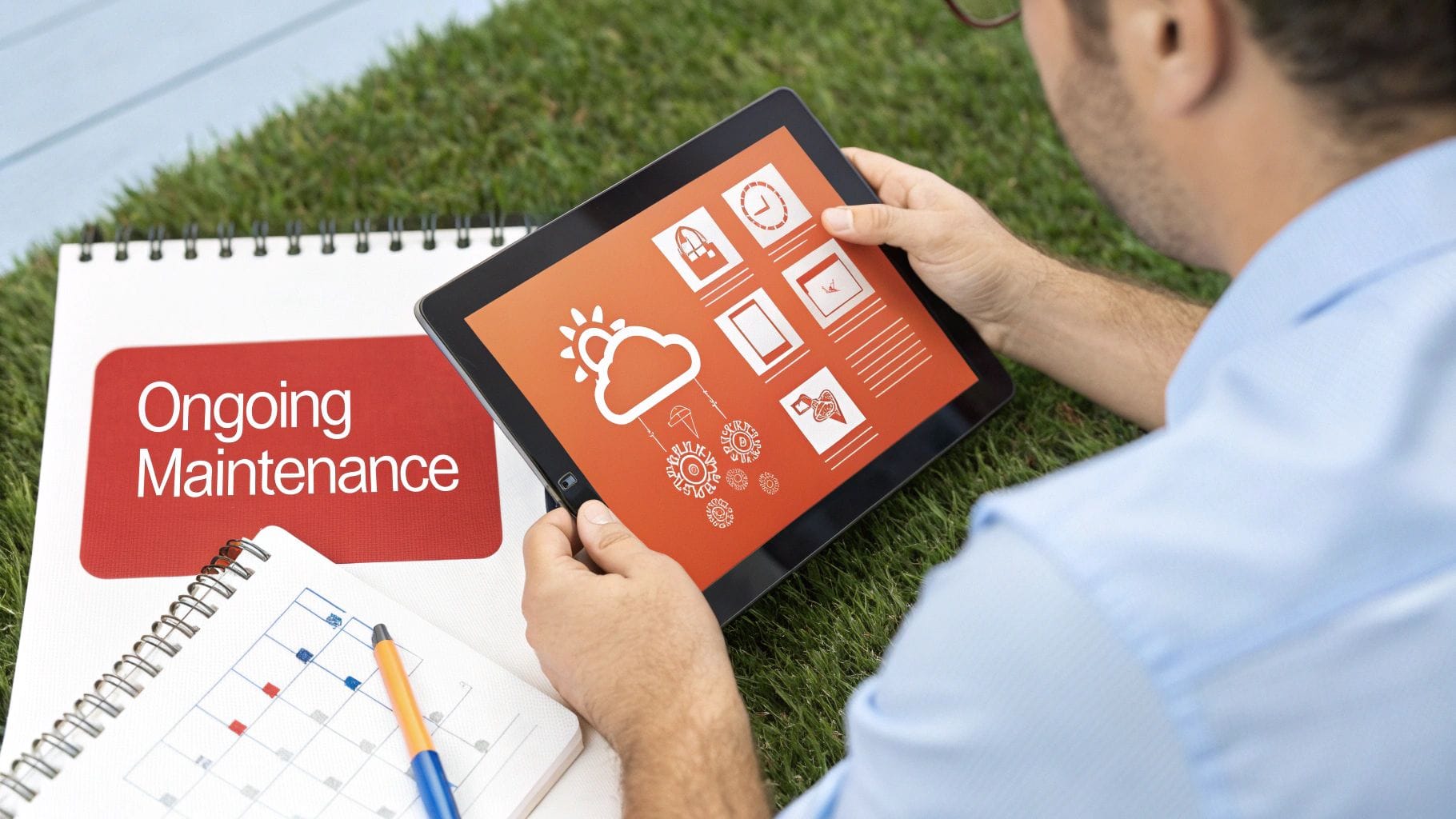A man on grass using a tablet with app icons next to 'Ongoing Maintenance' notebook and a calendar.