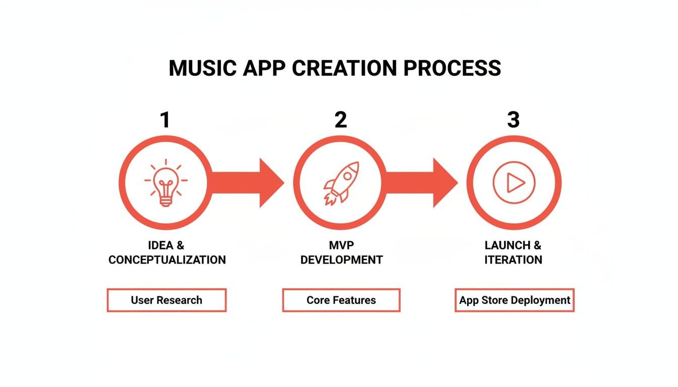 A visual process diagram showing three steps for creating a music app: idea, MVP development, and launch.