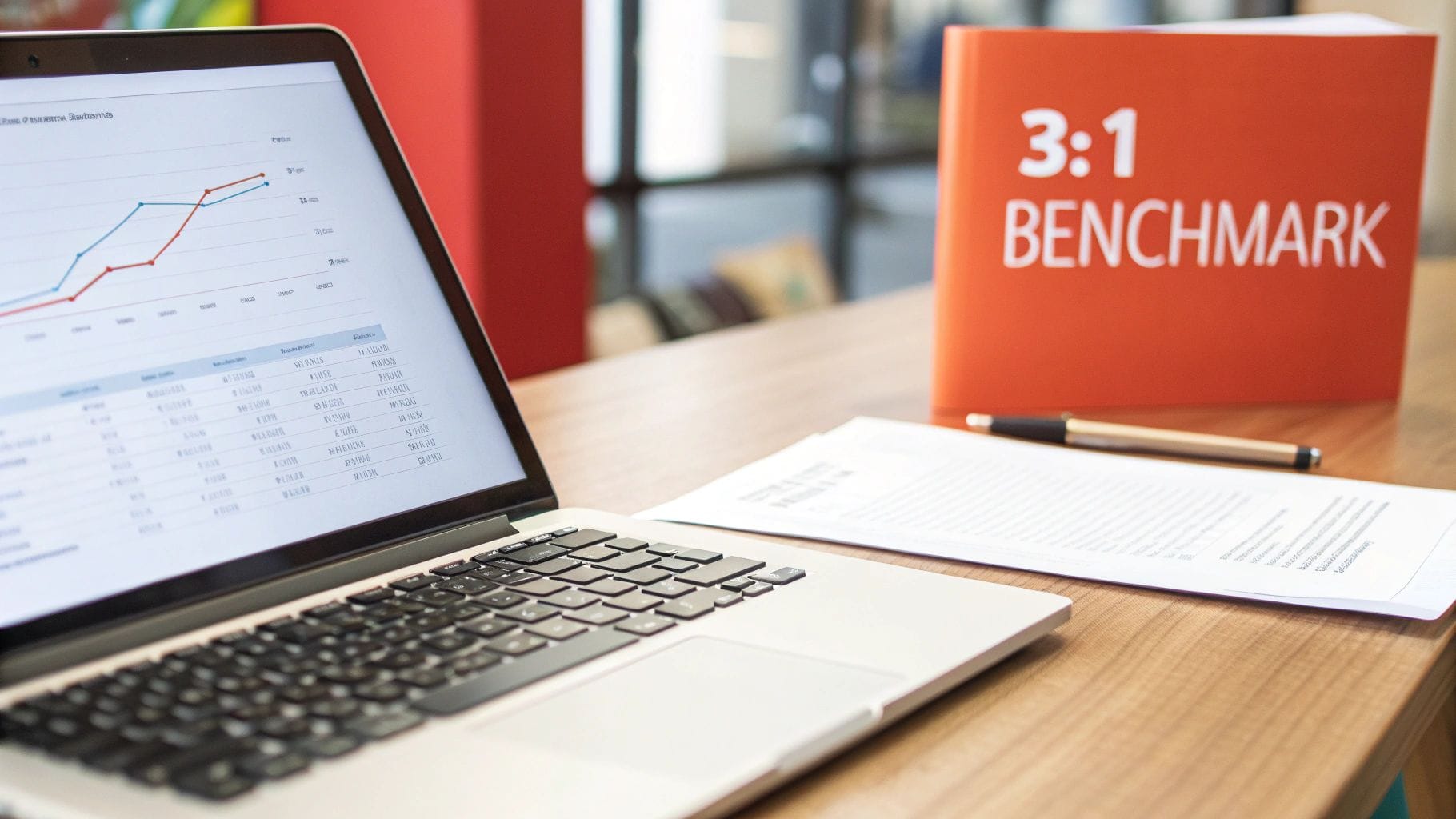 Laptop displaying data charts and tables next to a '3:1 BENCHMARK' binder.