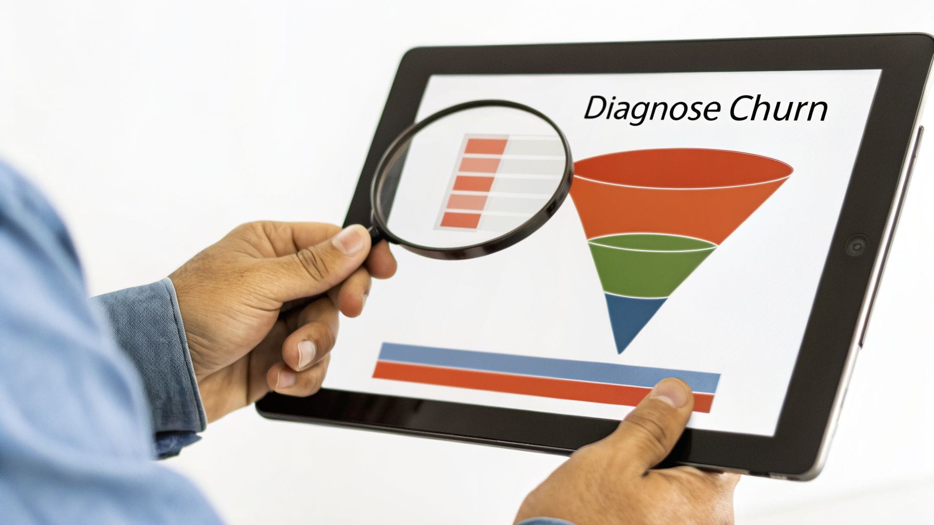 A person holds a tablet showing a 'Diagnose Churn' diagram with a funnel and bar chart, viewed through a magnifying glass.