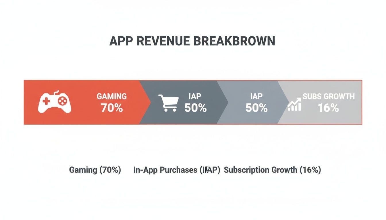 An infographic showing app revenue breakdown: 70% from gaming, 50% from in-app purchases, and 16% from subscription growth.