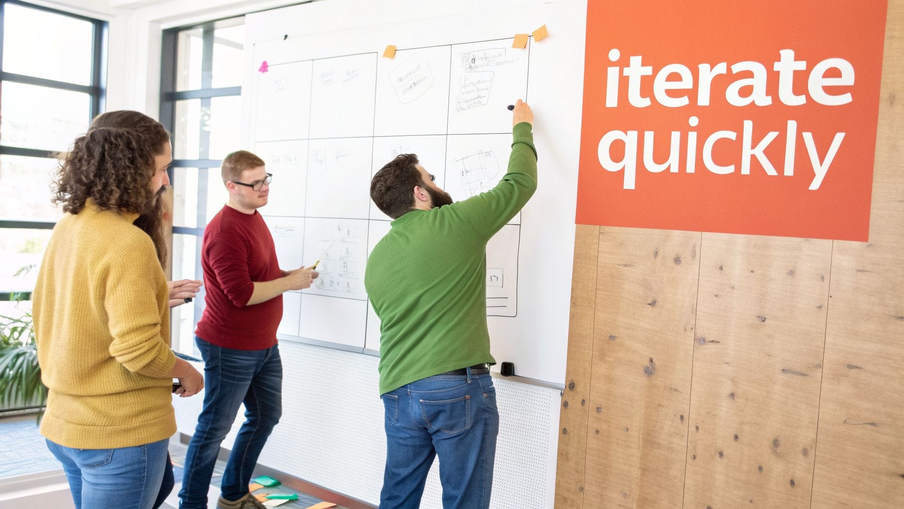 A design team collaborates on a whiteboard, sketching ideas and iterating quickly in an office.