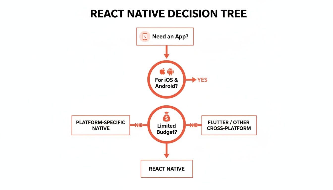 A React Native decision tree flowchart for app development, guiding choices based on platform and budget.