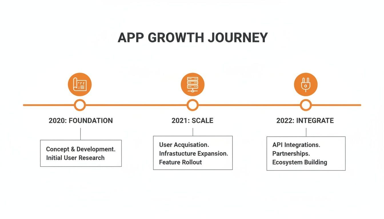 A timeline illustrating an app's growth journey from foundation to integration across three years.