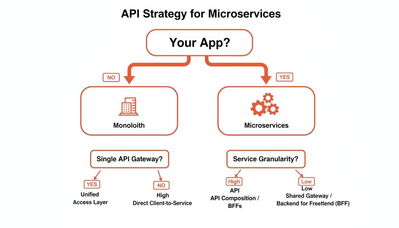 Flowchart illustrating API strategy decisions for monoliths and microservices, including gateway and granularity choices.