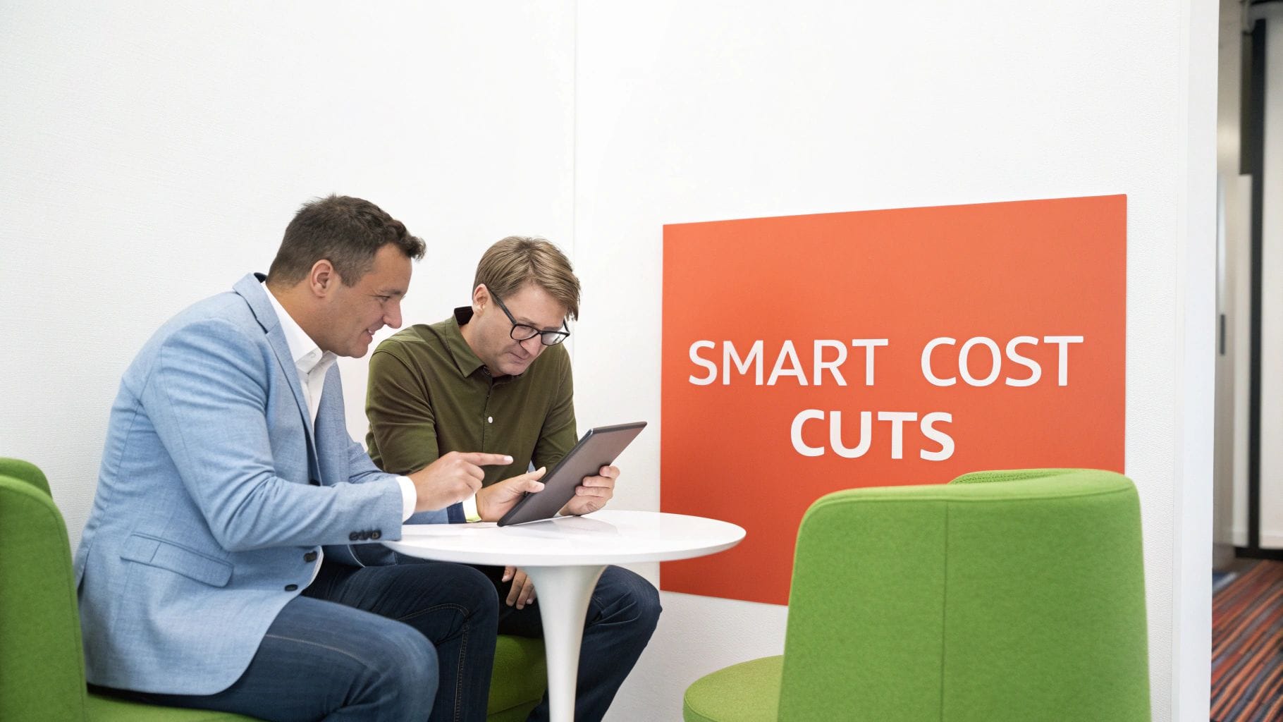 Two men discussing on a tablet in a modern office with a 'SMART COST CUTS' sign.