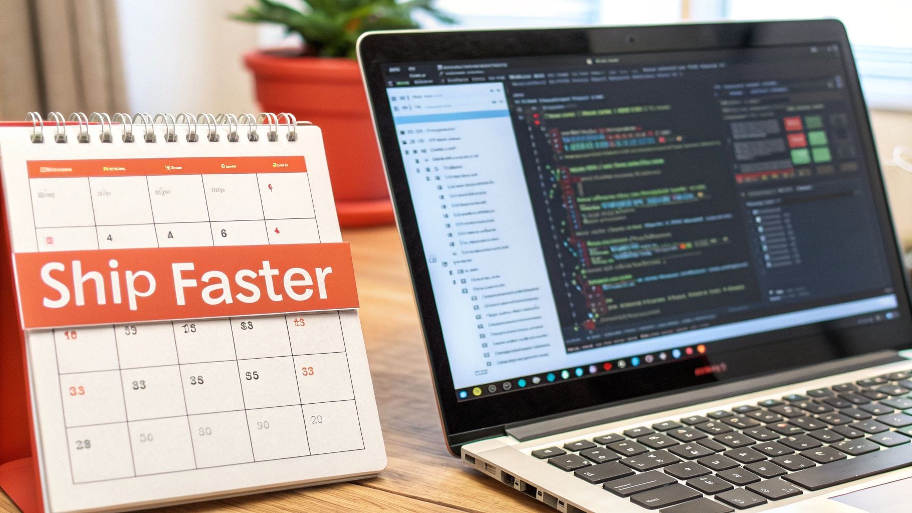 A desk calendar with "Ship Faster" text beside a laptop displaying code, symbolizing agile software development.