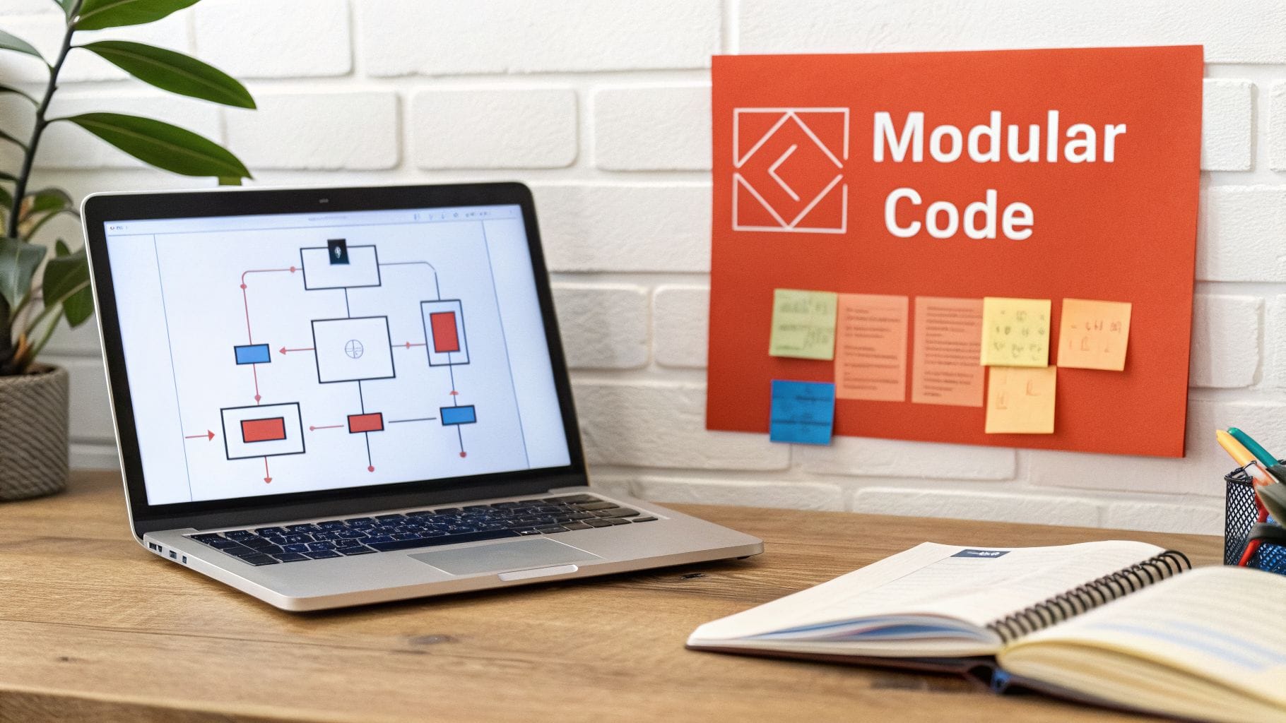A laptop displays a modular code flowchart on a desk with a 'Modular Code' sign and sticky notes.