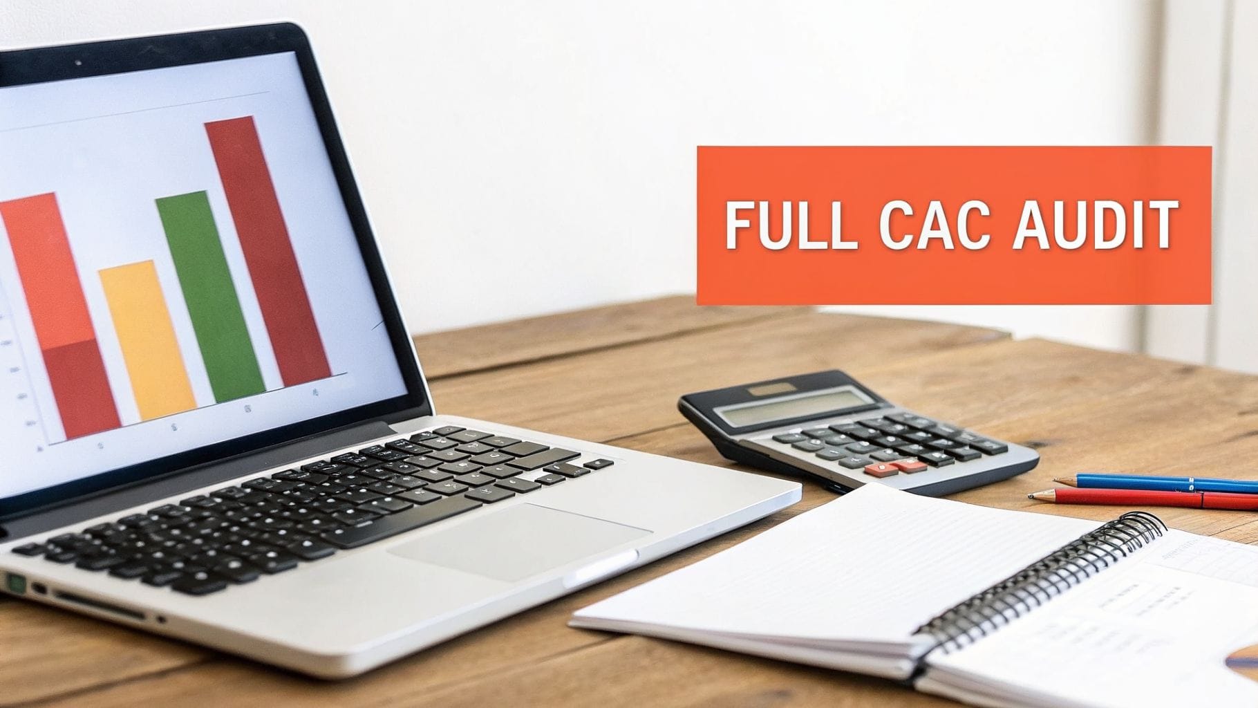 A desk with a laptop showing a bar chart, calculator, notebook, and pencils, with a 'FULL CAC AUDIT' overlay.