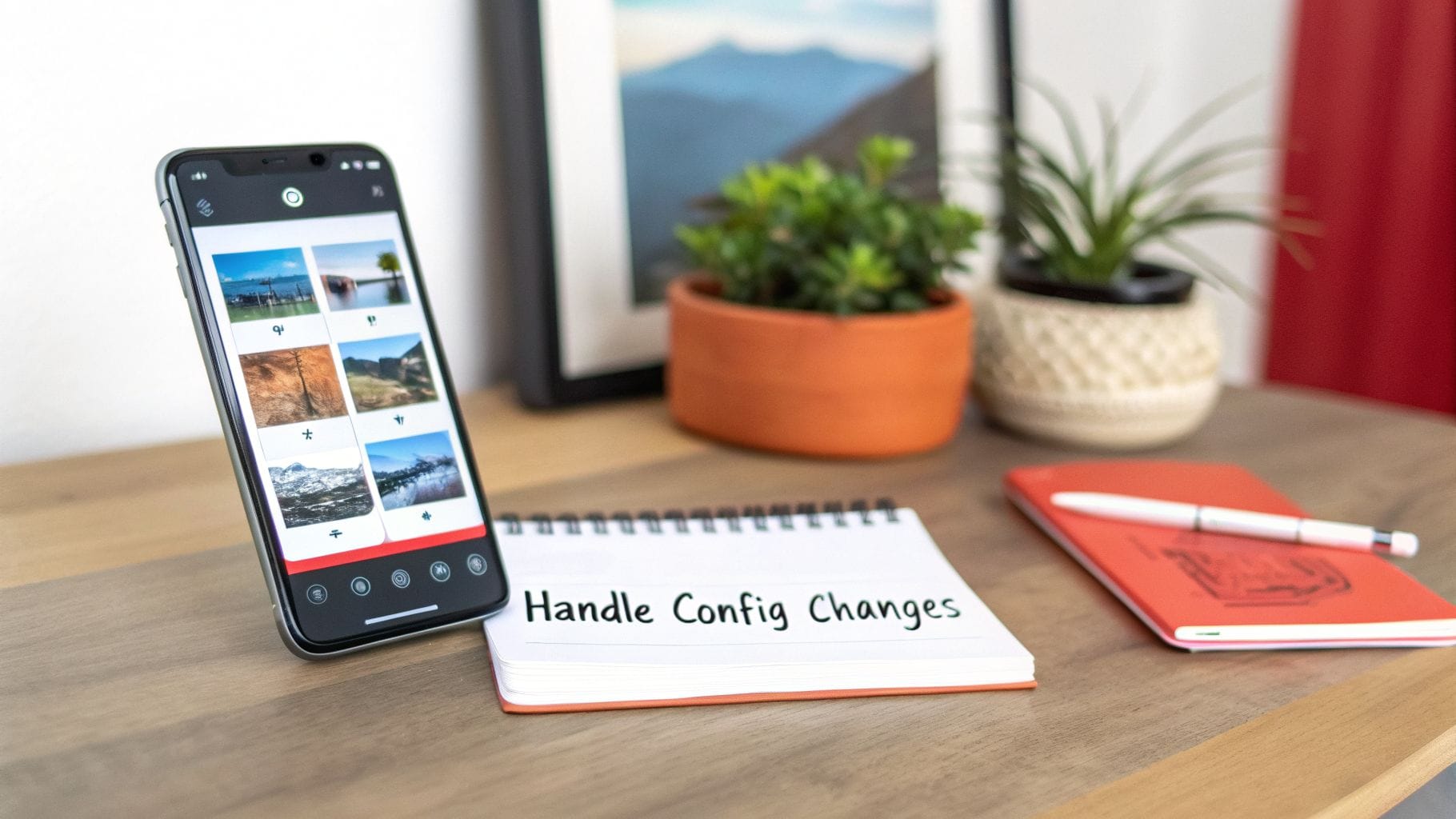 A smartphone displaying images, a notebook with "Handle Config Changes," and potted plants on a wooden desk.