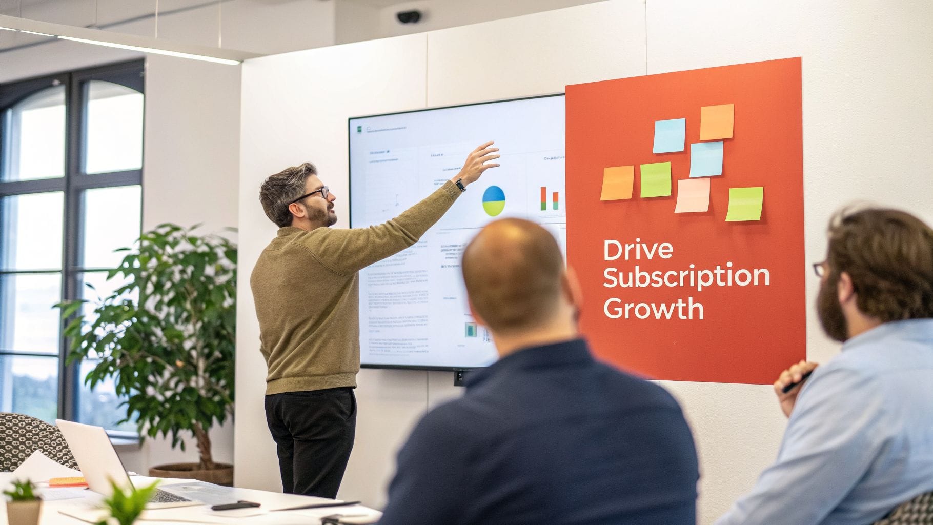 Man points at screen showing data charts, next to 'Drive Subscription Growth' board with sticky notes.