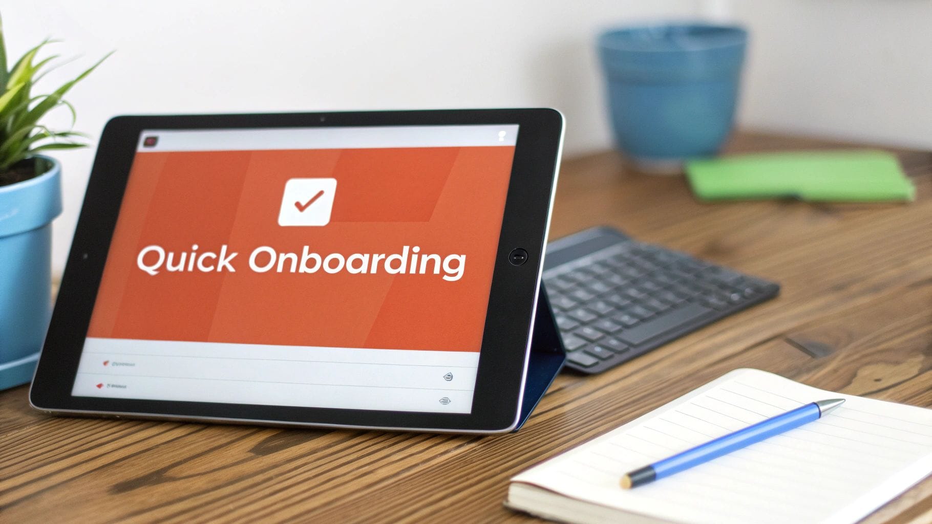 A tablet displays "Quick Onboarding" with a checkmark on a desk, alongside a plant, keyboard, and notebook.