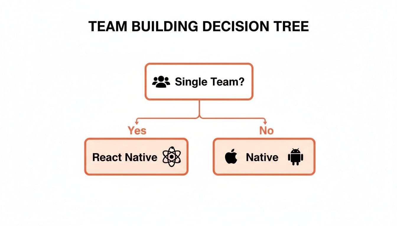 A decision tree illustrating choices for mobile development: React Native for a single team or native for separate iOS/Android teams.
