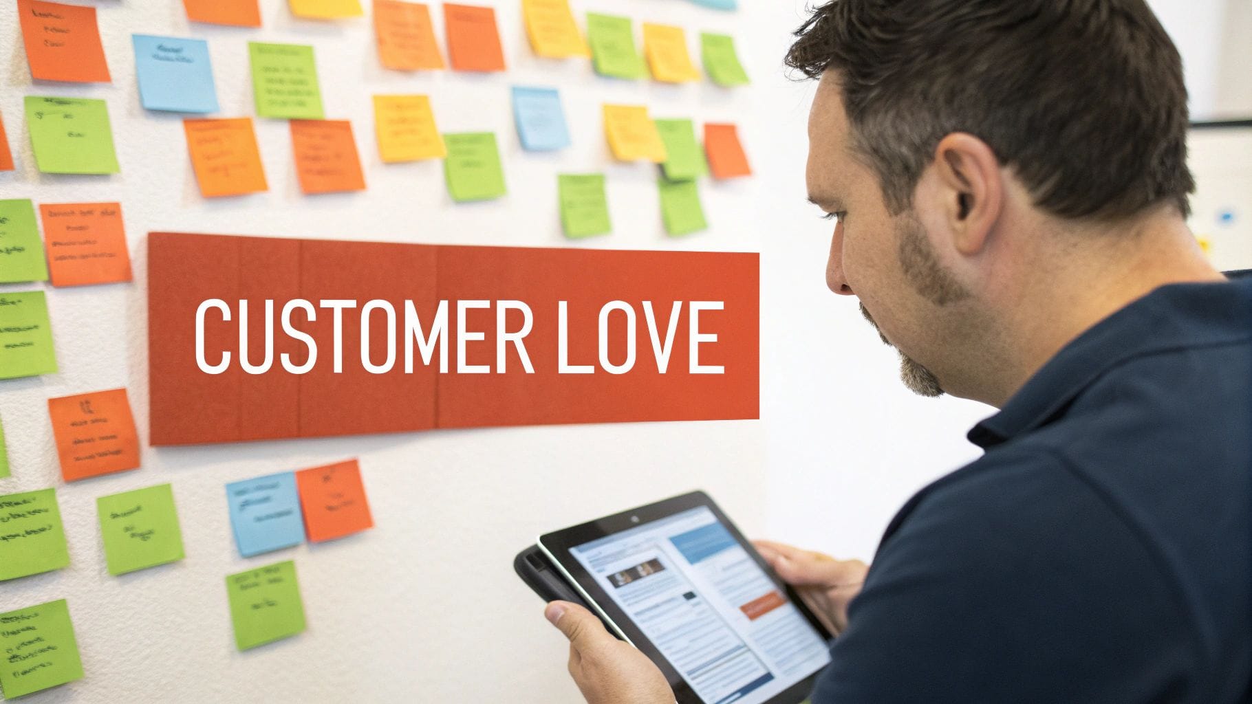 A man reviews a tablet in front of a wall with sticky notes and a 'CUSTOMER LOVE' sign.
