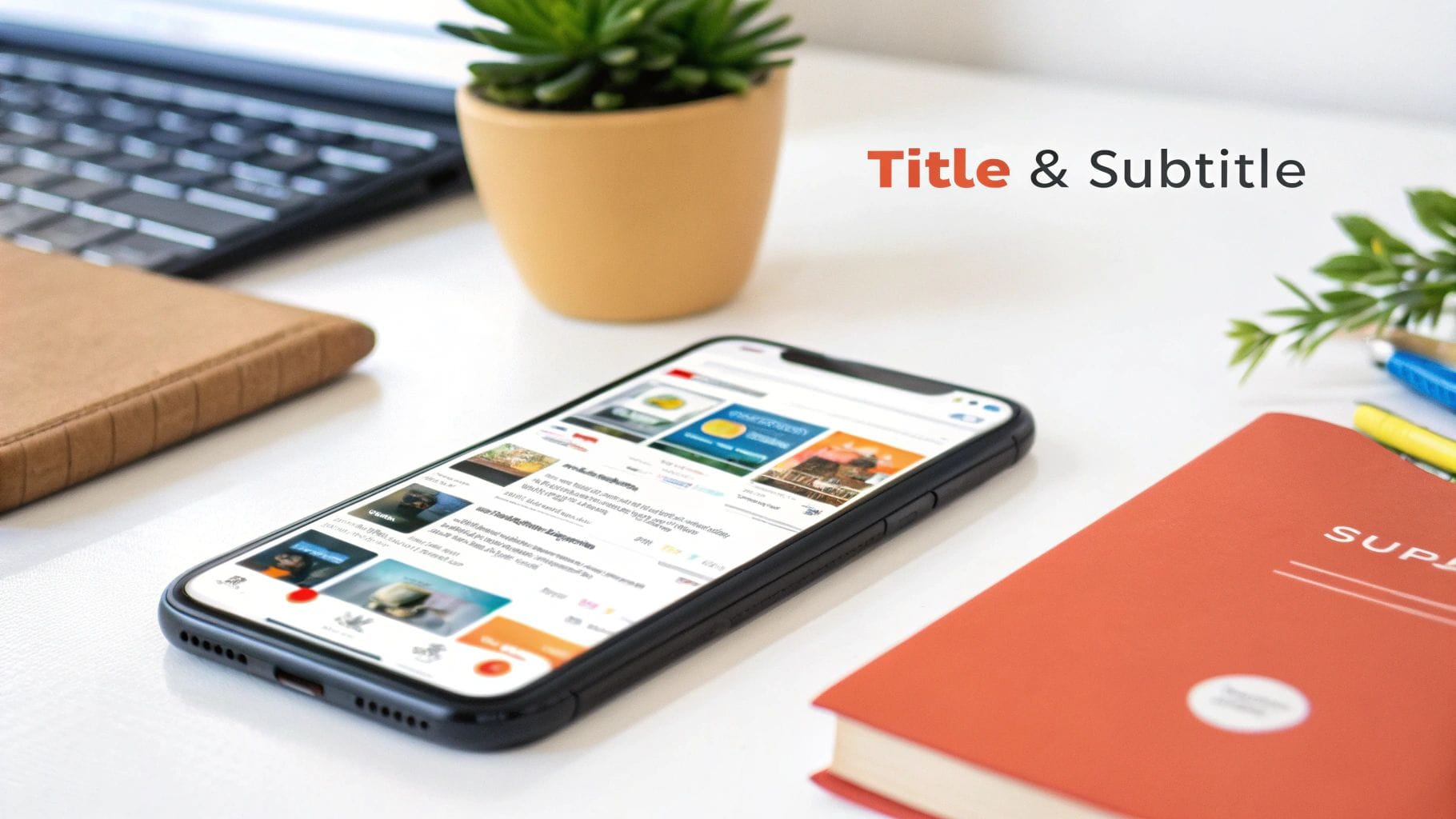 A smartphone displaying an app, laptop, plant, and notebooks on a white desk with overlaid text 'Title & Subtitle'.