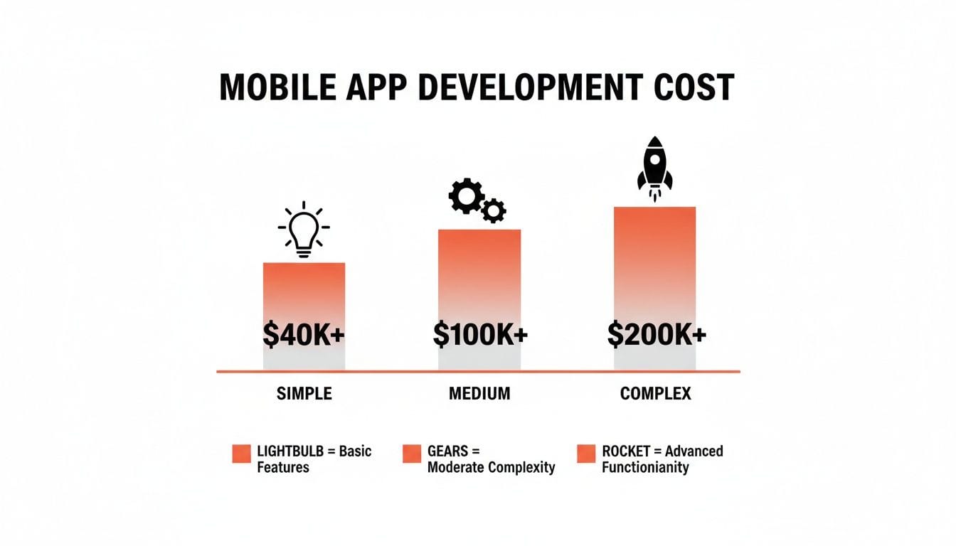A bar chart illustrating mobile app development costs based on complexity: Simple, Medium, and Complex.