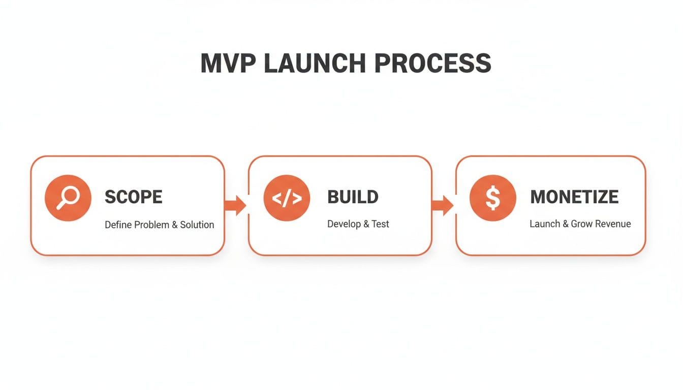 Flowchart illustrating the three-step MVP launch process: Scope, Build, and Monetize with icons.