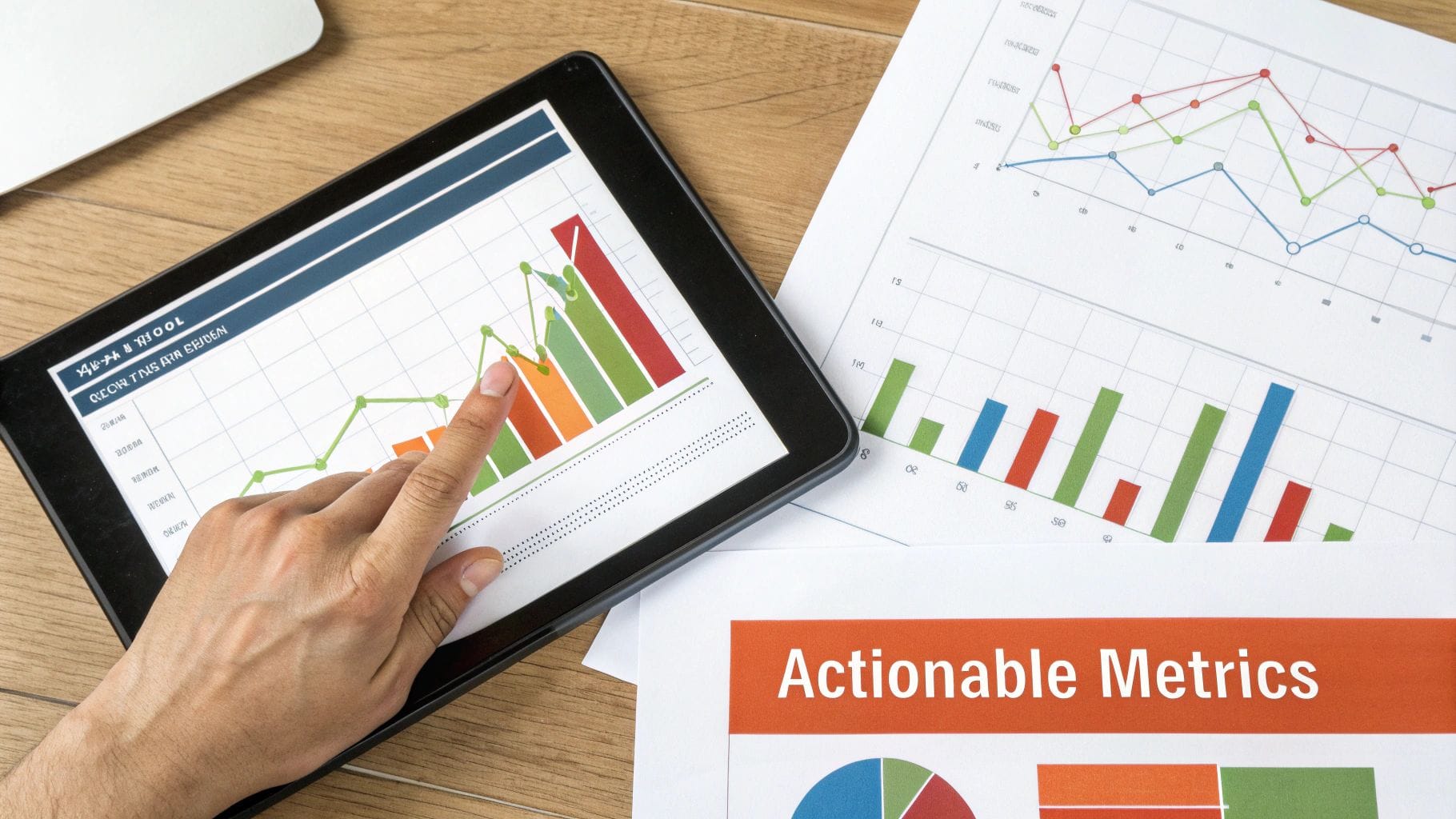 A hand points at a digital tablet displaying business graphs, alongside printed financial charts and 'Actionable Metrics'.