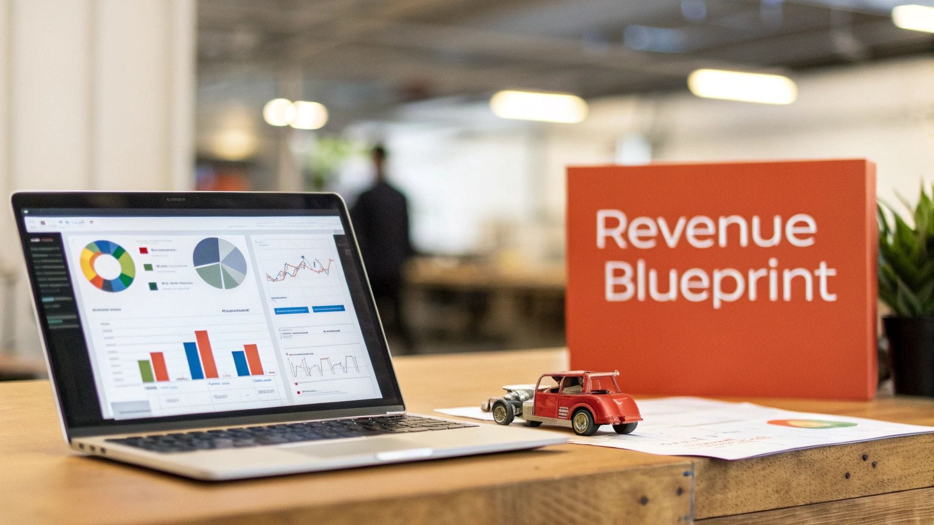 A laptop displays financial charts and graphs next to a 'Revenue Blueprint' box and a toy car.