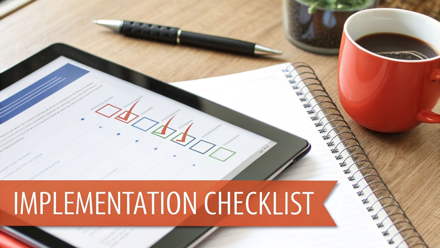 A digital checklist on a tablet screen, symbolizing the implementation process for software, with office items.