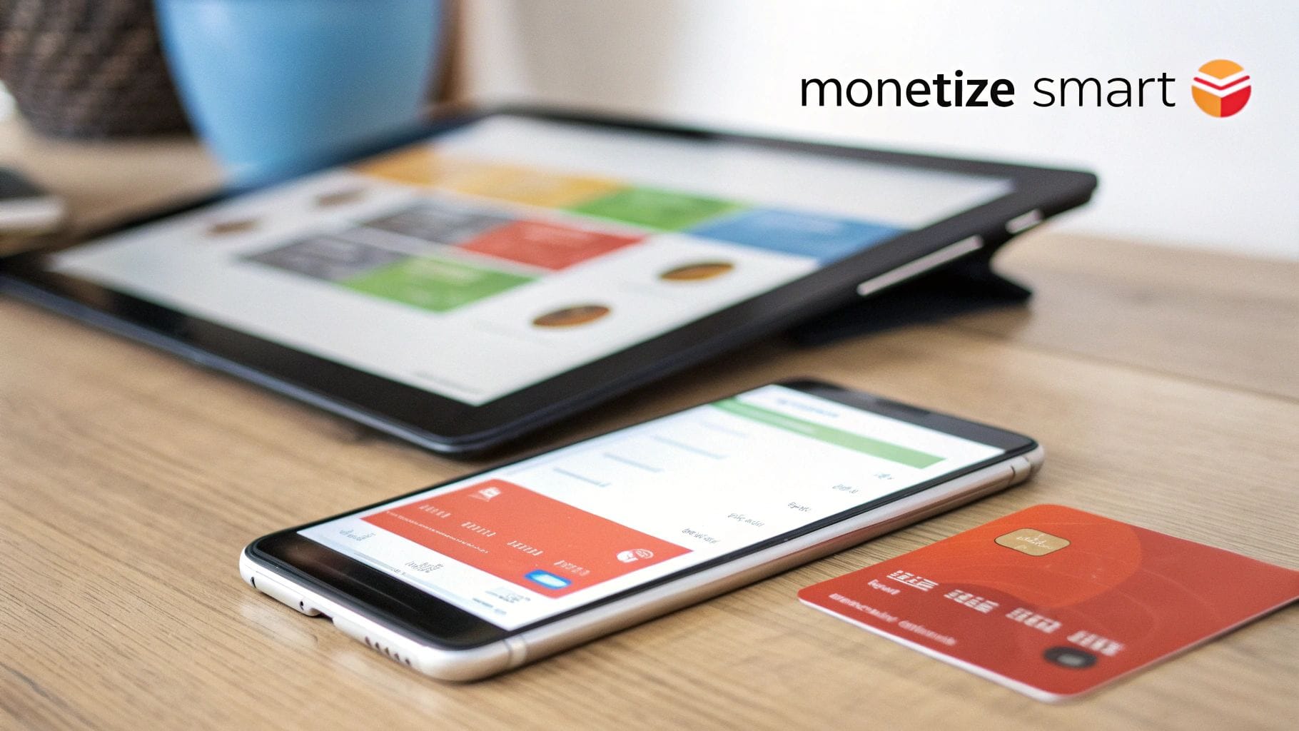 A smartphone, tablet, and credit card on a wooden desk, representing digital payments and finance.